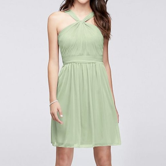 David's Bridal Y-Neck Mesh Short Bridesmaid Dress - Picture 1 of 3